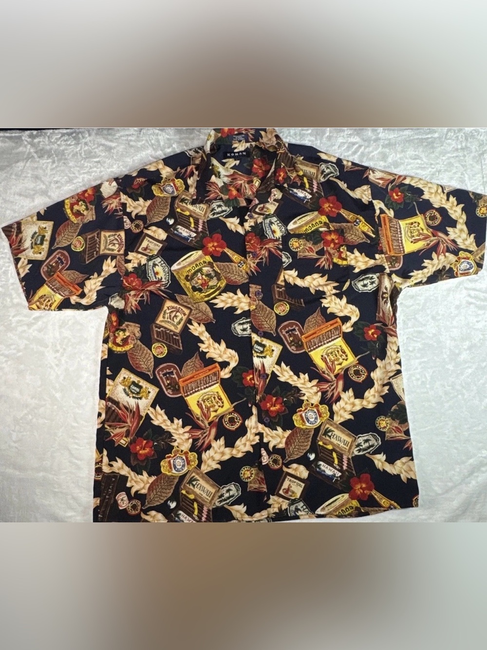 Vintage Koman Sport Hawaiian Aloha Shirt Men’s Large Tropical Cigar Print